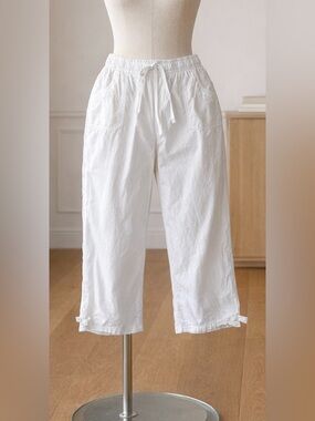 Orika White Cotton Gauze Capri Pants Relaxed Fit Elastic Waist Size L
